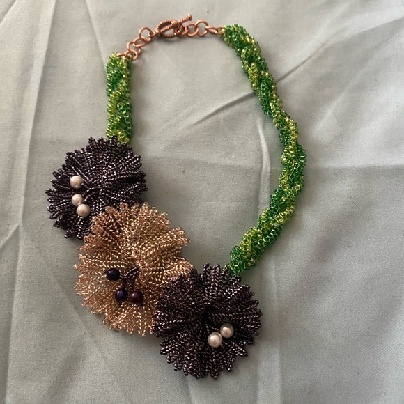 Artisan Jewelry - Vintage Artisan 14” Choker Necklace Beaded 2” Flowers On Multistrand Rope